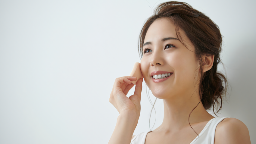 メイクスポンジを使ってベースメイクをする女性のイメージ画像