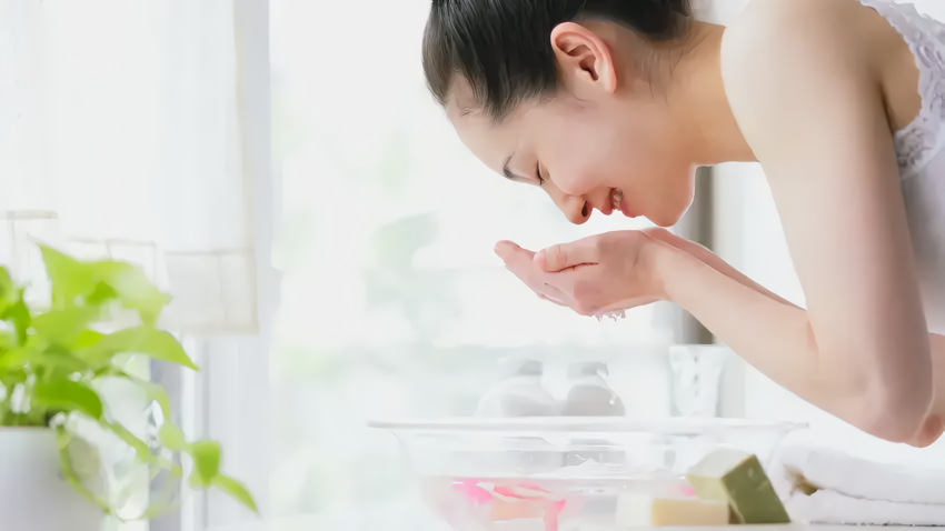 洗顔・クレンジングで顔をすすいでいる女性のイメージ画像