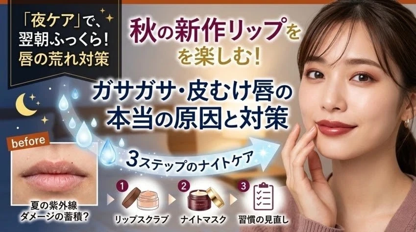 秋の新作リップを楽しむための、ガサガサ・皮むけ唇の本当の原因と対策。3ステップのナイトケア（リップスクラブ、ナイトマスク、習慣の見直し）で翌朝ふっくら唇へ導く方法を紹介。