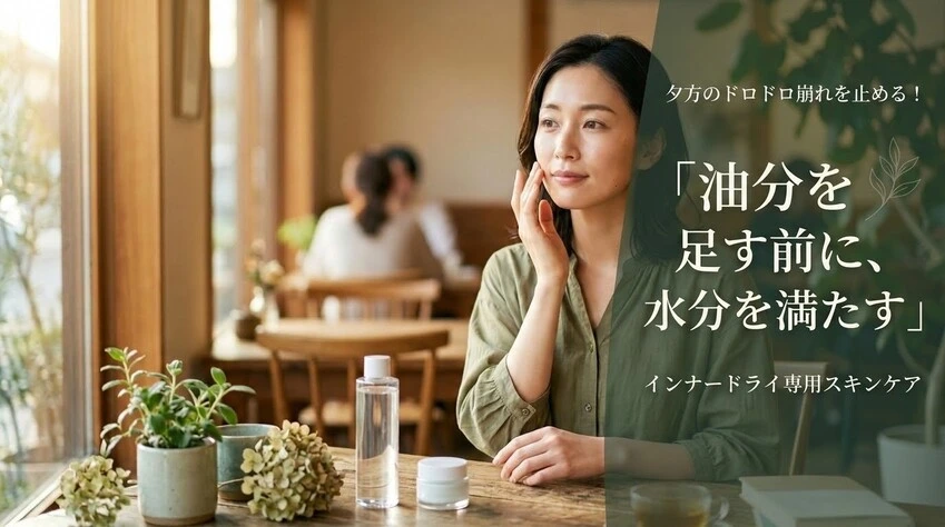 夕方のドロドロ崩れを止める!「油分を足す前に、水分を満たす」インナードライ専用スキンケア。カフェで自分の肌に触れる女性と、テーブルに置かれたスキンケア製品。