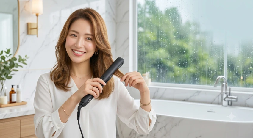 ストレートアイロンを使ってヘアスタイリングをする女性