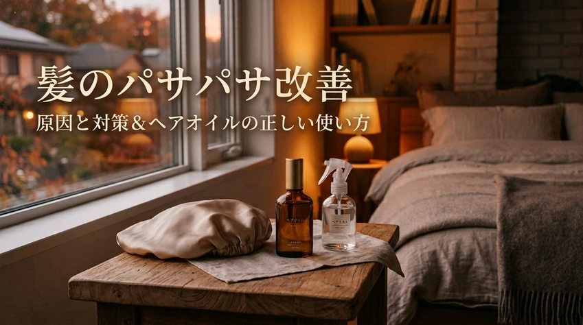 髪のパサパサ改善 原因と対策＆ヘアオイルの正しい使い方。寝室のテーブルに置かれたナイトキャップ、ヘアオイル、ヘアミスト。
